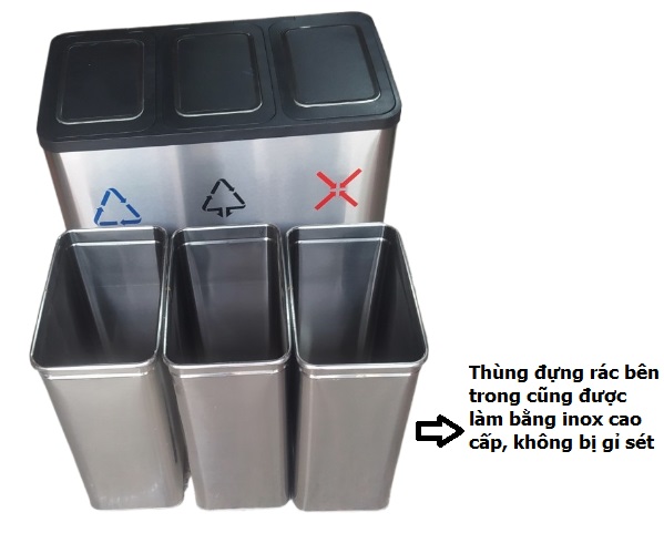 Thùng rác inox đạp chân vuông phủ Nano Cao Cấp 3 ngăn 45L