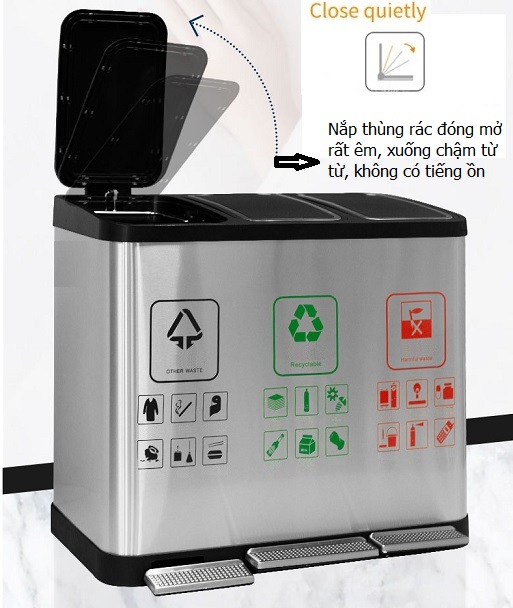 Thùng rác inox đạp chân vuông phủ Nano Cao Cấp 3 ngăn 45L
