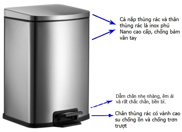 Thùng rác inox đạp chân vuông phủ Nano Cao Cấp 5 lít