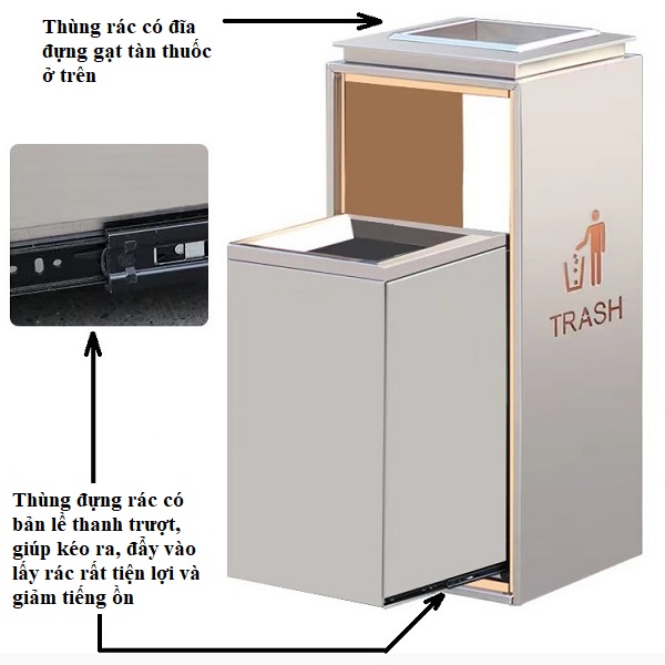 Thùng rác inox sảnh đẹp sang trọng A5, phủ Nano cao cấp, chống bám vân tay