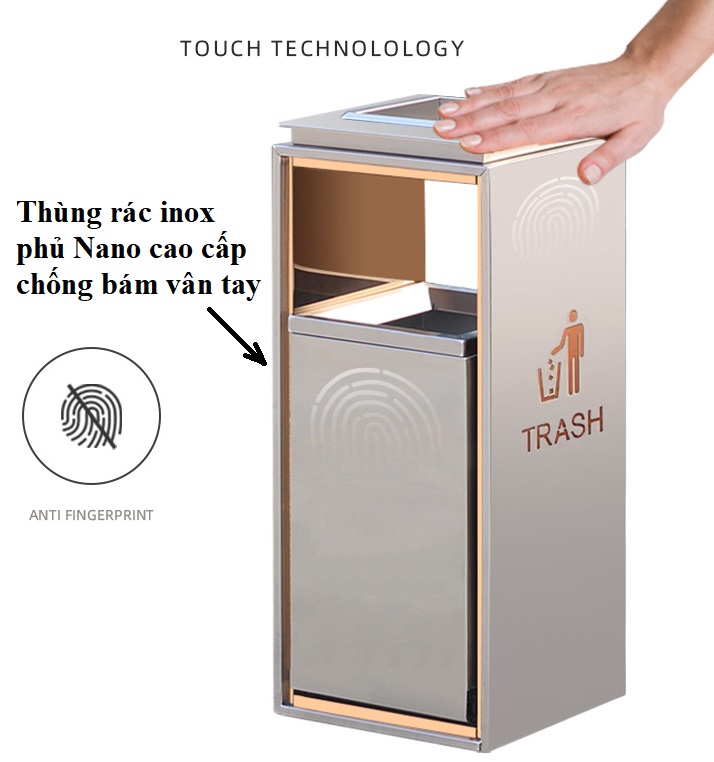 Thùng rác inox sảnh đẹp sang trọng A5, phủ Nano cao cấp, chống bám vân tay