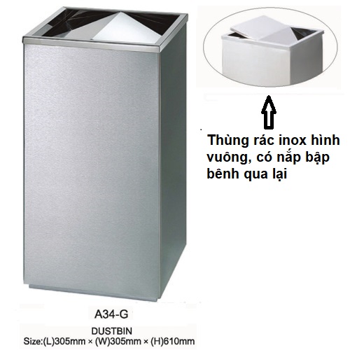 Thùng rác inox vuông nắp bập bênh A34-G