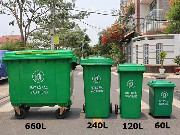 Thùng rác xanh có bánh xe 30L, 60L, 120L, 240L, 660L, 1100L