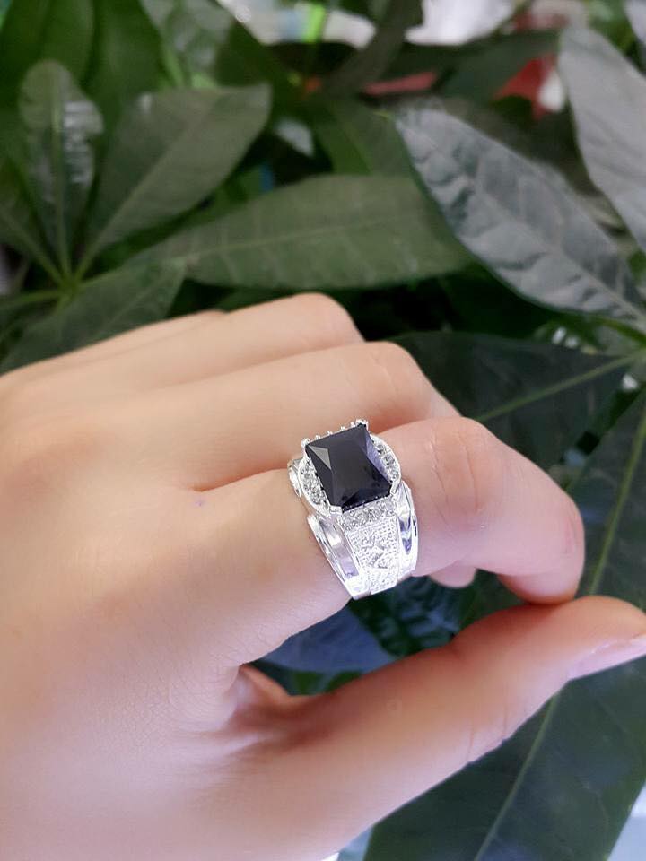 nhẫn bạc nam trơn đá màu đen