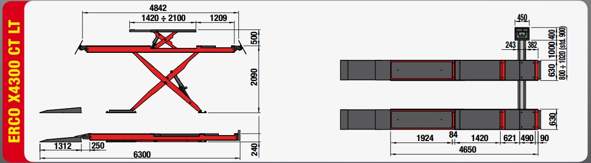 Kích thước Cầu nâng cắt kéo cho kiểm tra góc đặt bánh xe ERCO X4300CTLT