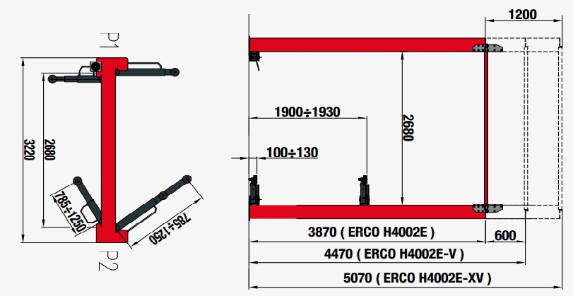 kích thước cầu nâng 2 trụ Corghi ERCO H4002E