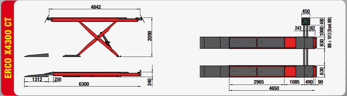 Kích thước chi tiết cầu nâng cắt kéo cho kiểm tra góc đặt bánh xe ERCO X4300CT