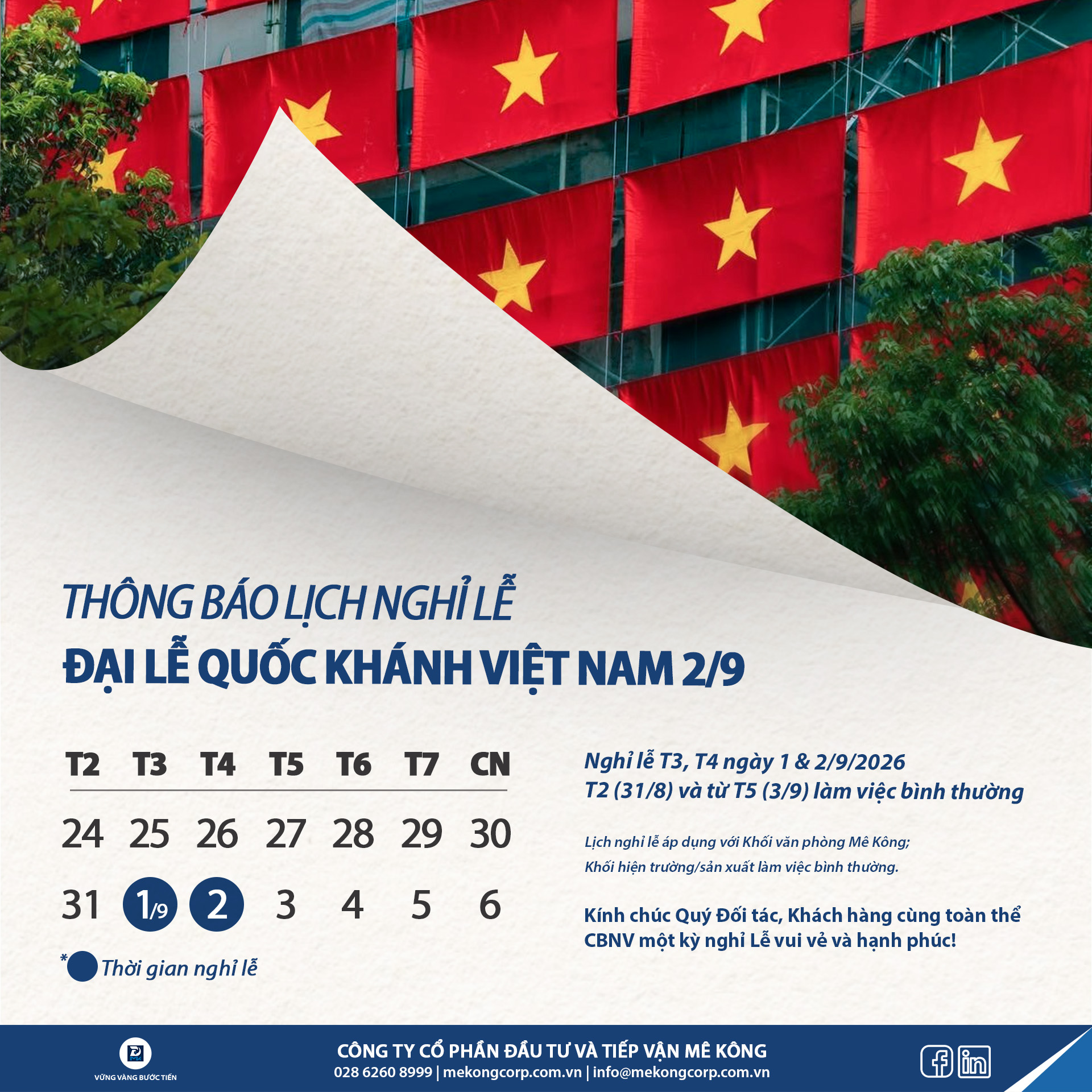 MEKONG CORP THÔNG BÁO LỊCH NGHỈ LỄ QUỐC KHÁNH VIỆT NAM 2/9
