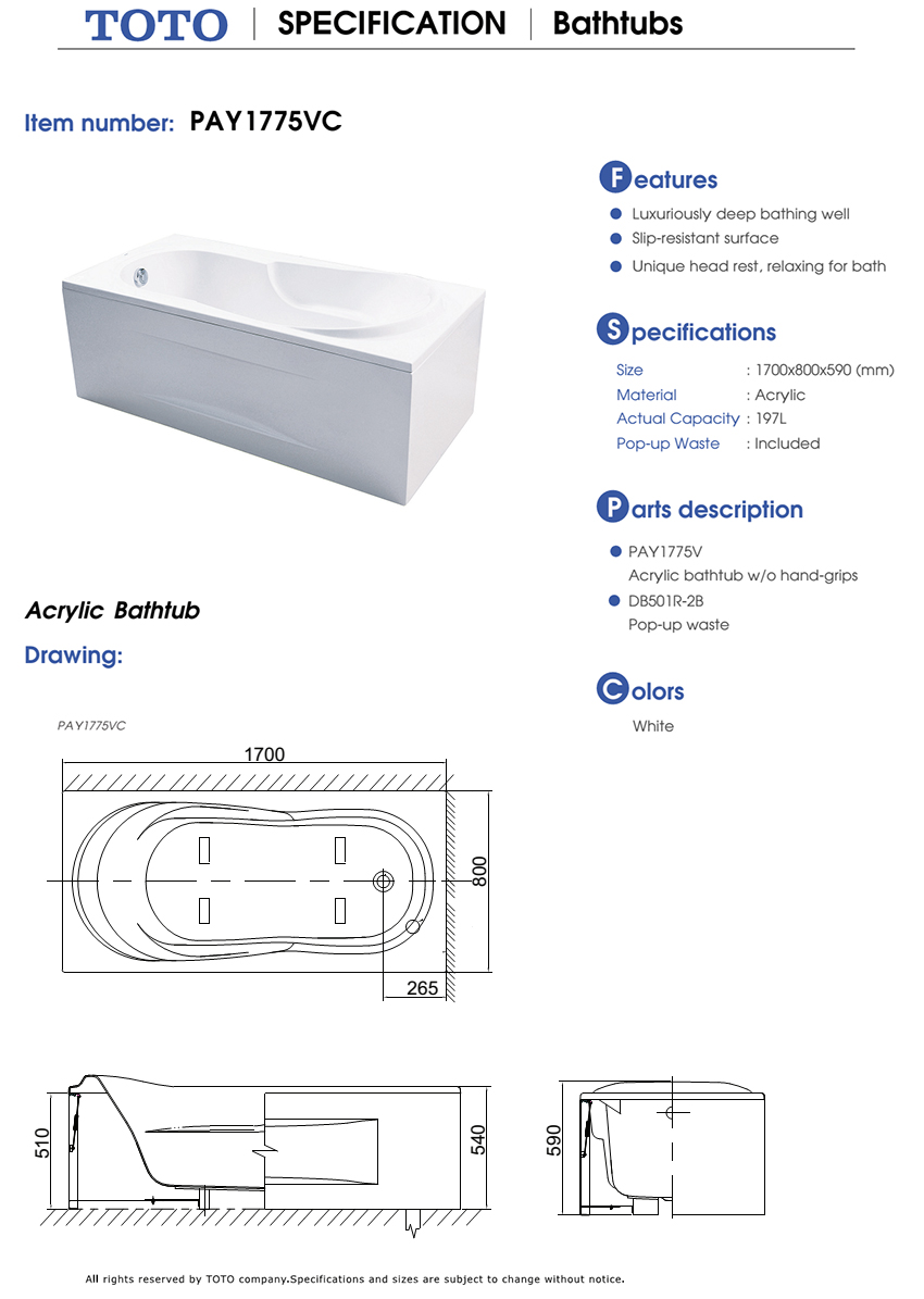 Bồn tắm TOTO PAY1775VC#W/DB501R-2B- homextra.vn