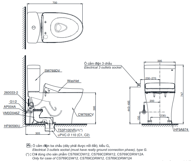 Bồn cầu TOTO CS769CDRW12 – HomeXtra.vn