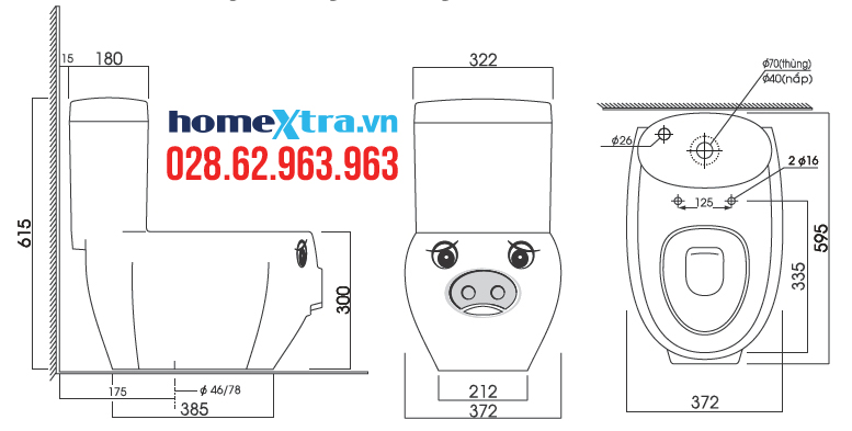 homextra.vn-Bồn cầu trẻ em một khối Thiên Thanh Piggy P0217TS2T