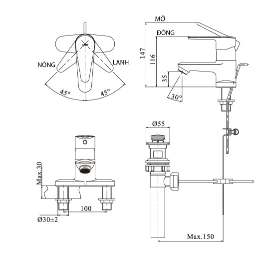 HOMEXTRA-Vòi chậu lavabo nóng lạnh Inax LFV-1101S-1