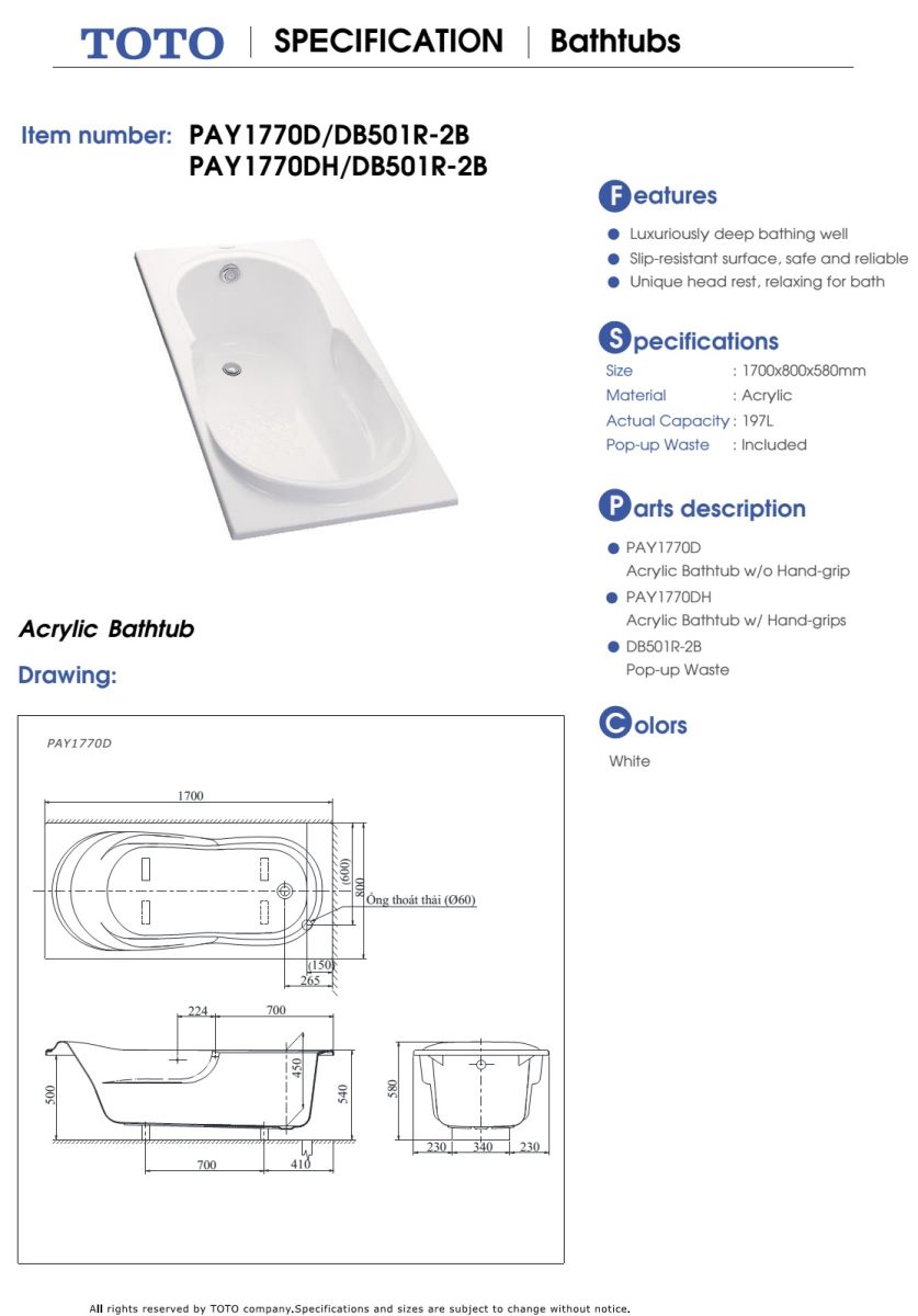 homextra-Bồn tắm TOTO PAY1770DH#W/DB501R-2B