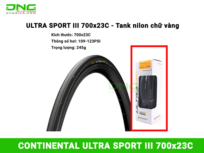 Lốp xe đạp Continental ULTRA SPORT III 700x23c tank nilon chữ vàng