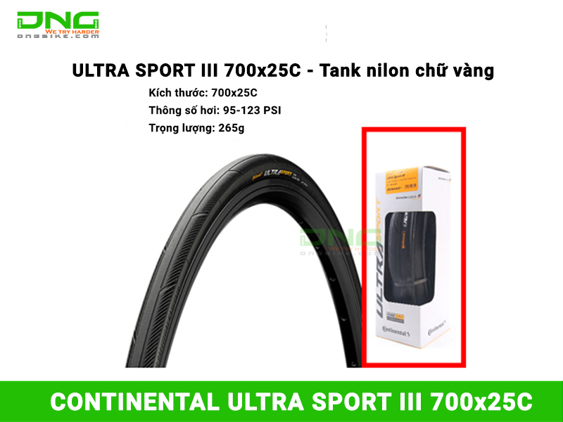 Lốp xe đạp Continental ULTRA SPORT III 700x25c tank nilon chữ vàng