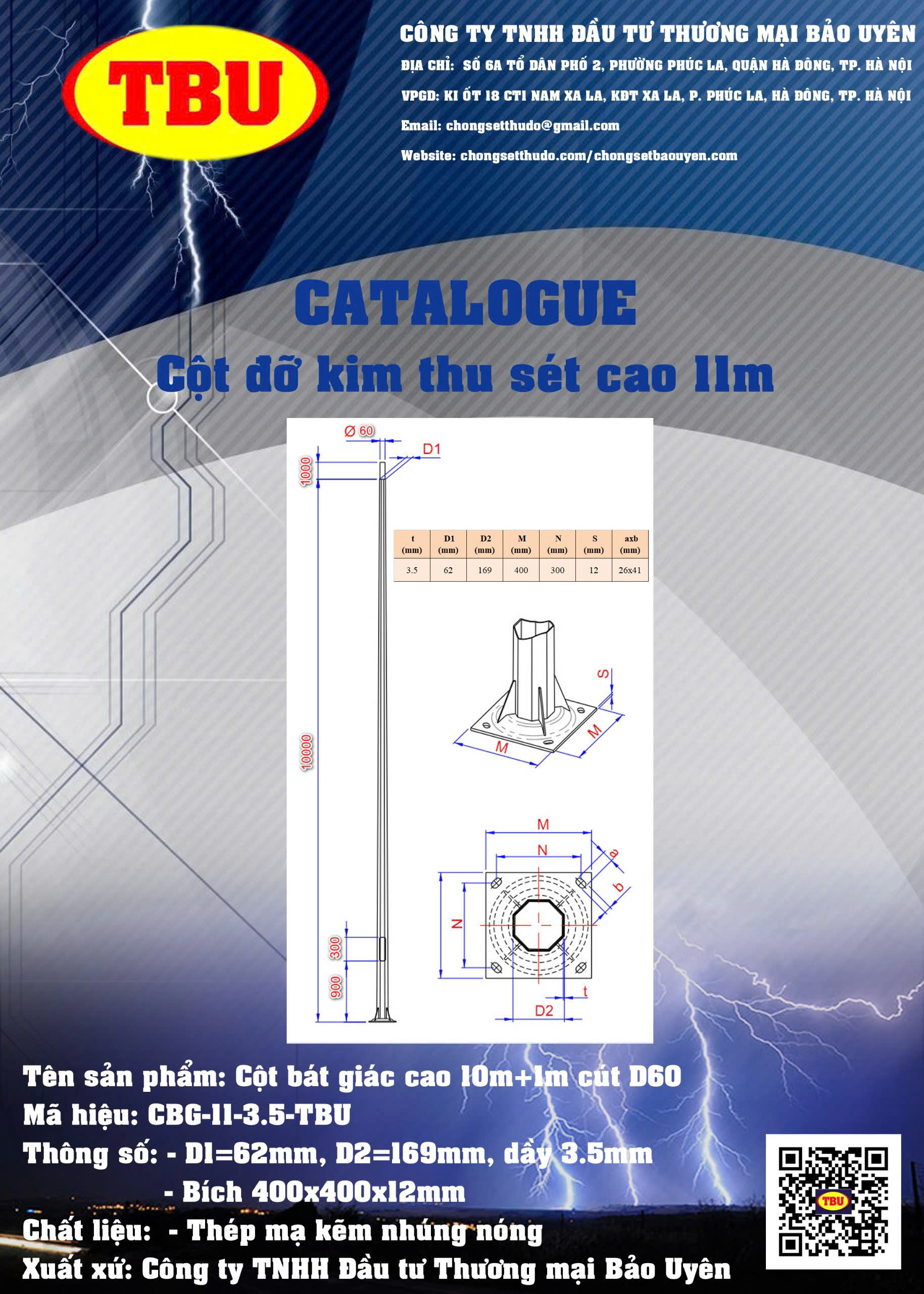 Catalogue: Cột Bát Giác Cao 10m + 1m cút D60