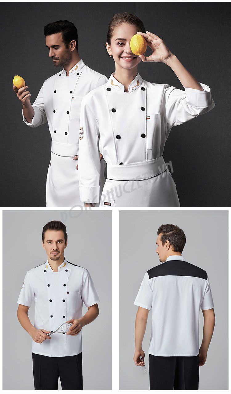 đồng phục nhà bếp nữ màu trắng thêu vàng