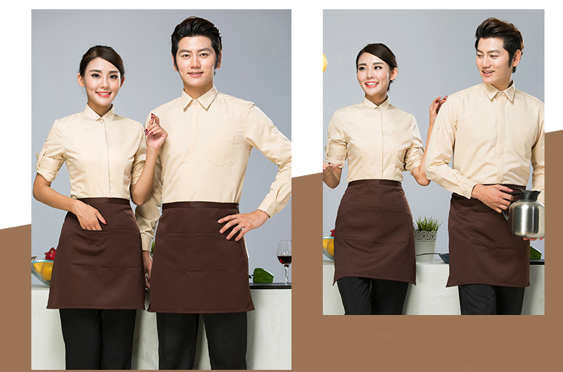 đồng phục phục vụ nhà hàng màu vàng nâu hợp với chủ nhà hàng mệnh Kim
