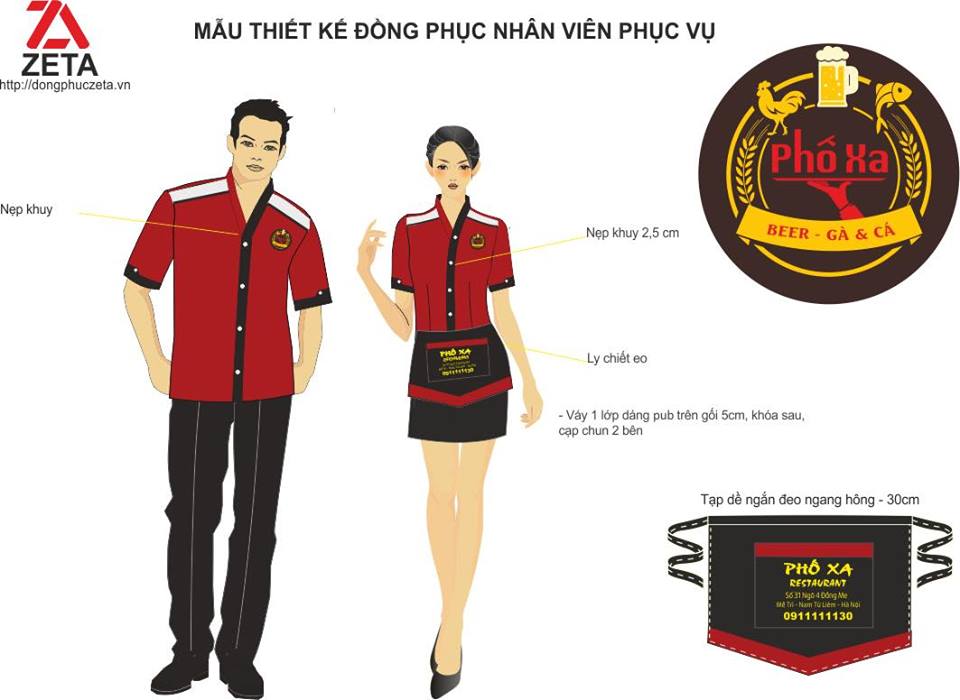 mẫu thiết kế đồng phục nhân viên phục vụ nhà hàng màu đỏ
