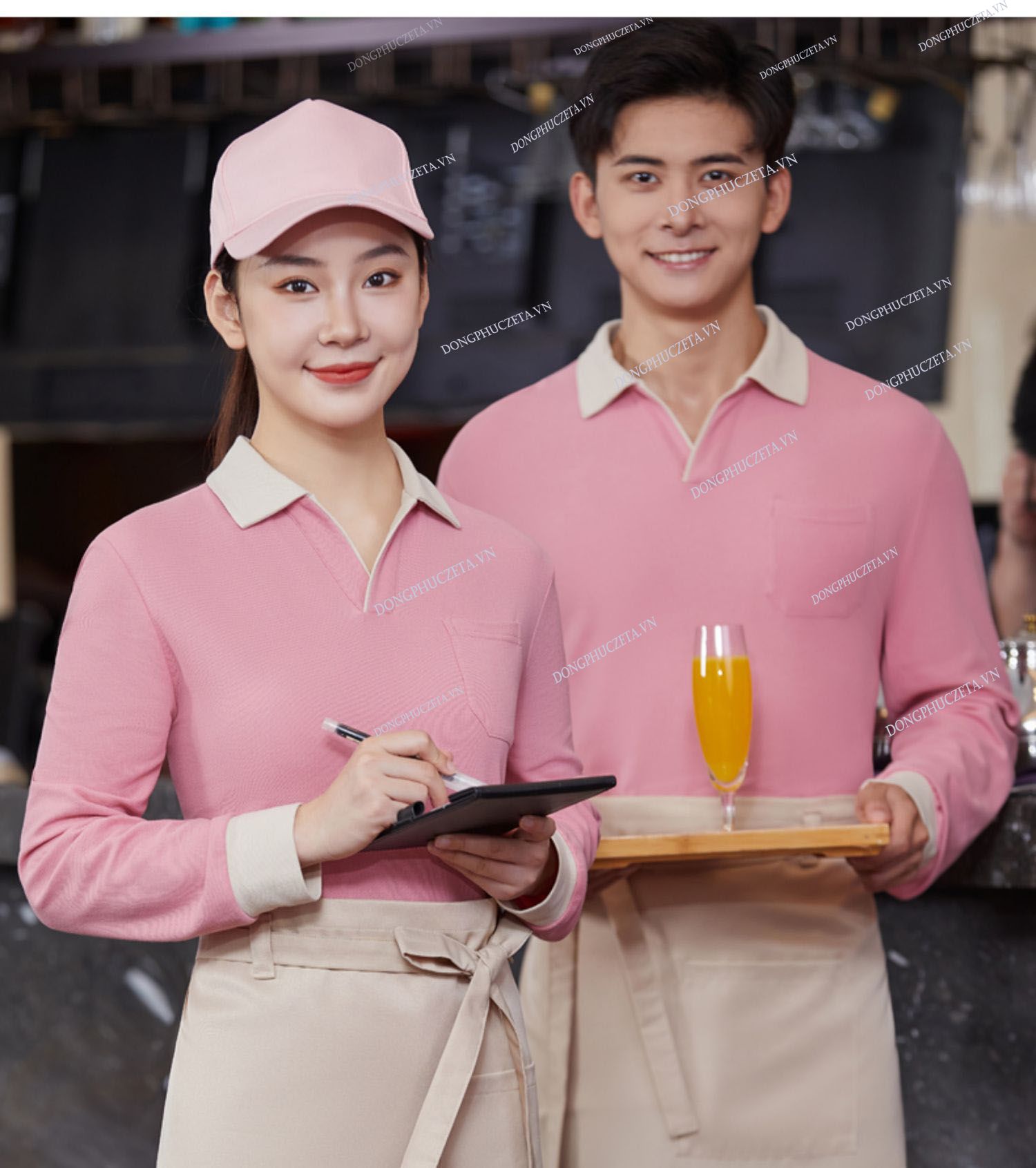 mẫu đồng phục quán ăn màu hồng