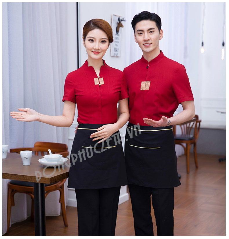 đồng phục phục vụ nhà hàng tiệc cưới nam cộc tay màu đỏ