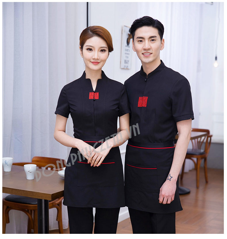 đồng phục phục vụ nhà hàng nam cộc tay màu đen phối đỏ