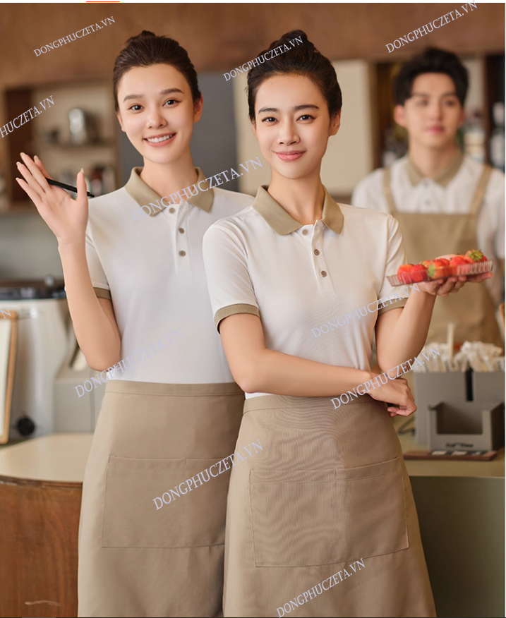 đồng phục quán ăn Áo trắng cổ be
