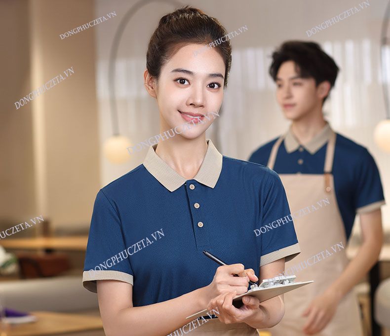 đồng phục quán ăn Áo navy cổ be