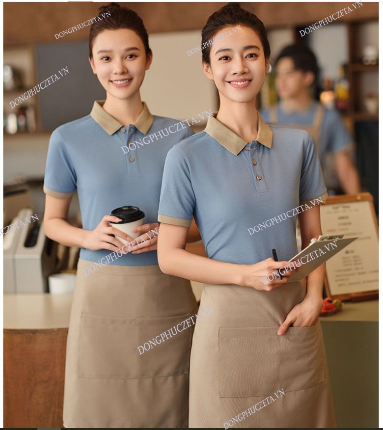 đồng phục quán ăn Áo xanh nhạt cổ be