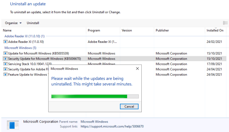 uninstall kb5006670