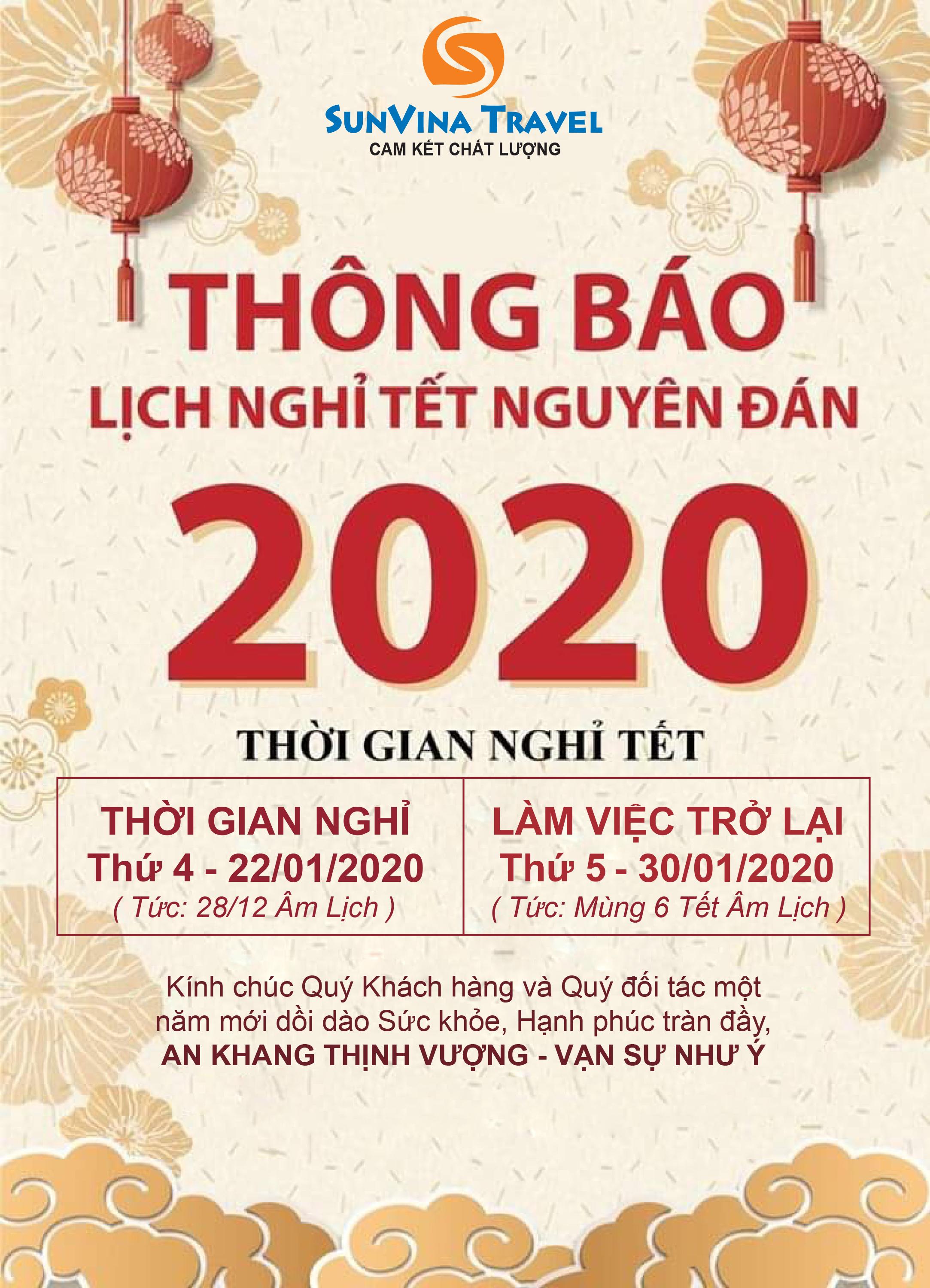 SUNVINA TRAVEL THÔNG BÁO LỊCH NGHỈ TẾT NGUYÊN ĐÁN CANH TÝ 2020