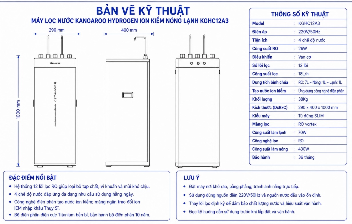 Bản vẽ kỹ thuật Máy lọc nước Kangaroo Hydrogen ion kiềm nóng lạnh KGHC12A3