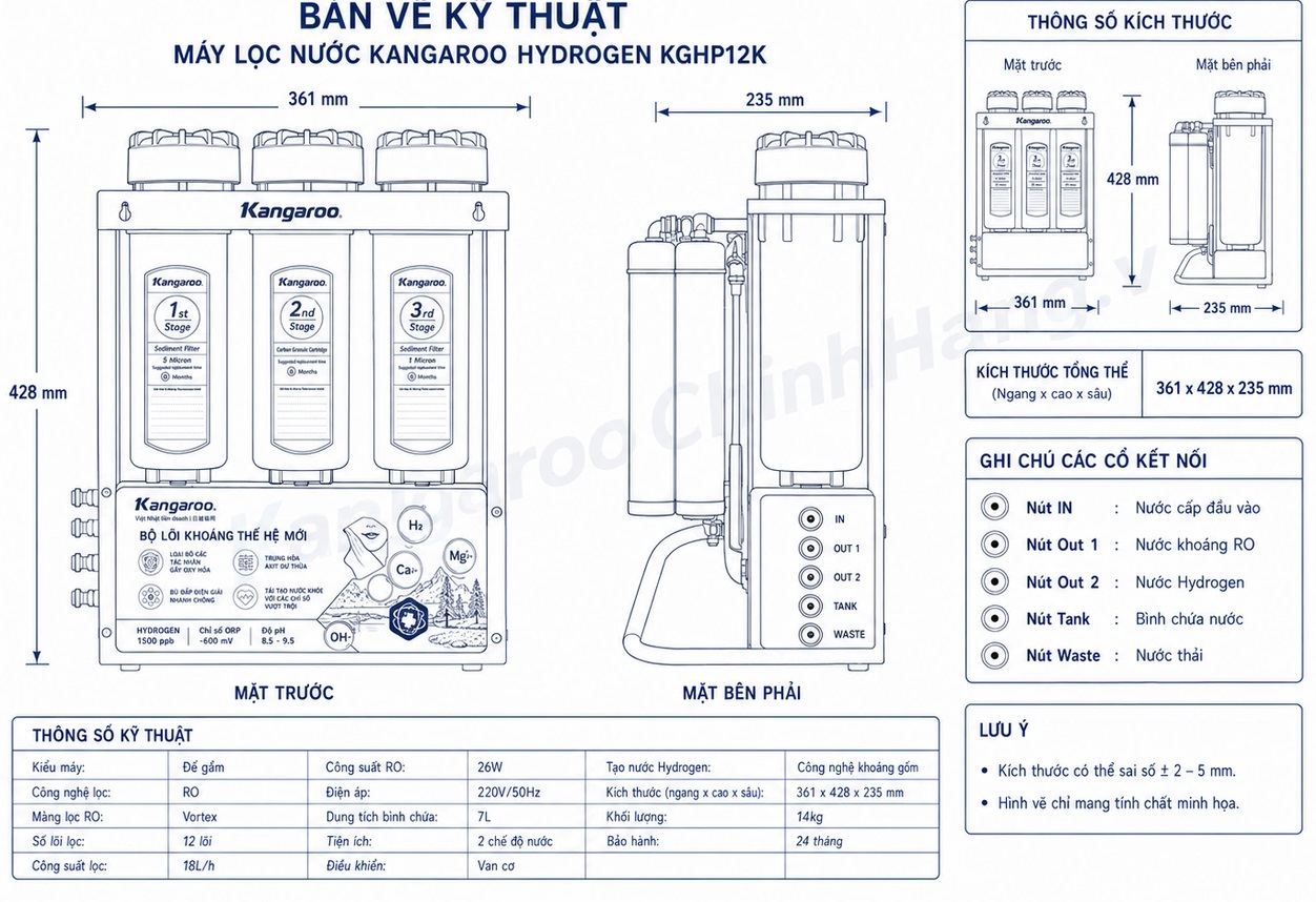 bản vẽ kỹ thuật Máy lọc nước Kangaroo Hydrogen KGHP12K
