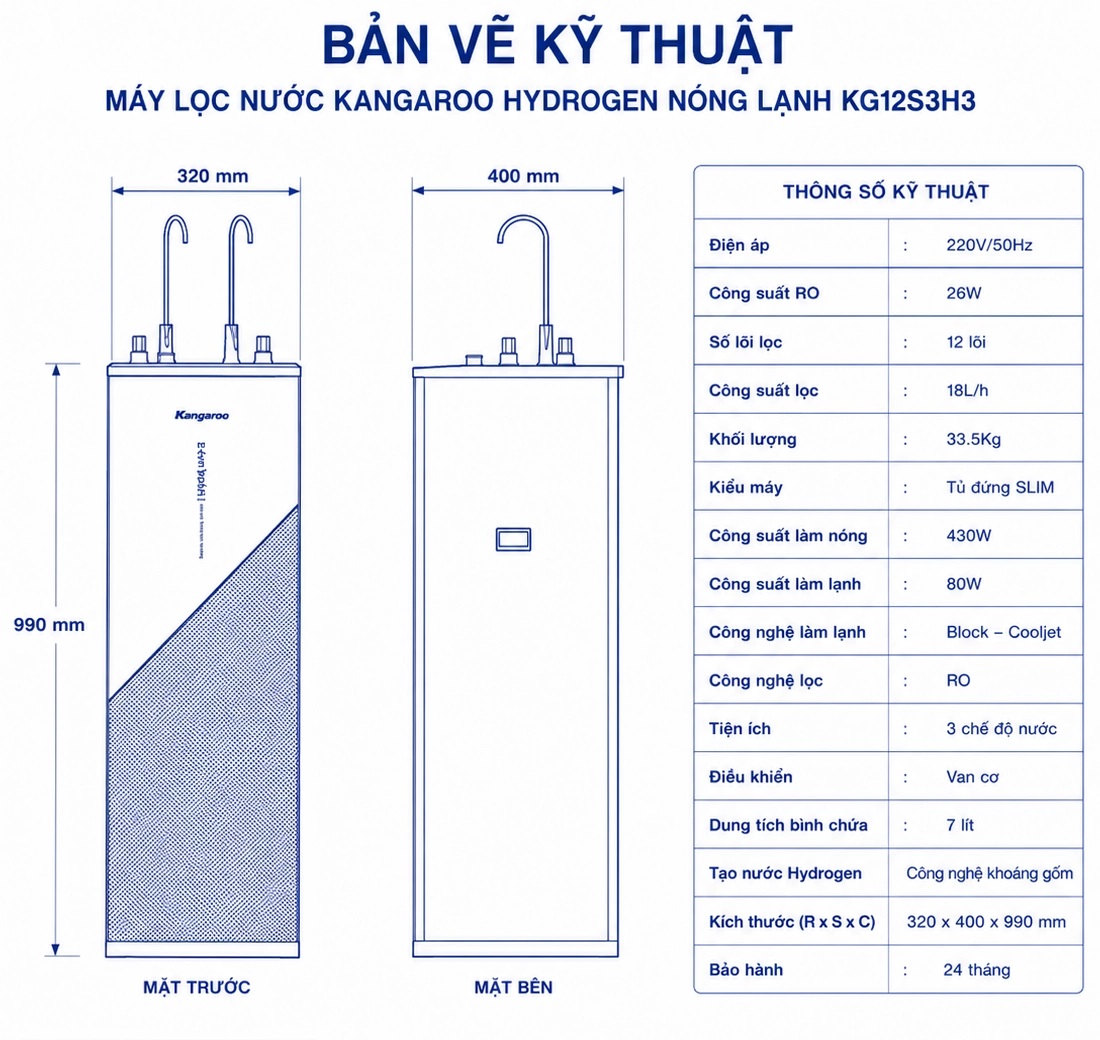 Bản vẽ kỹ thuật máy lọc nước Kangaroo Hydrogen nóng lạnh KG12S3H3