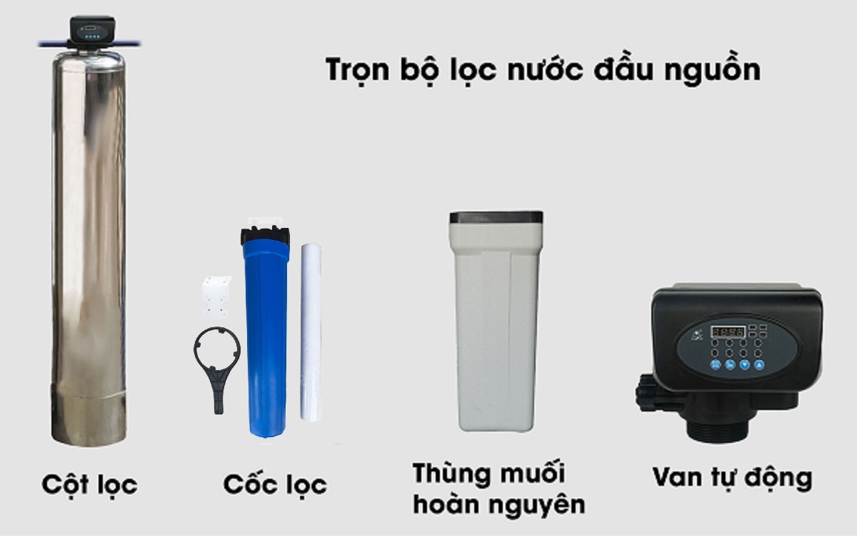 Cột lọc nước canxi xử lý đá vôi tự động sục rửa inox 304