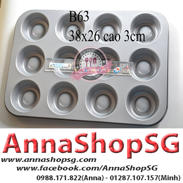 KHUÔN CUPCAKE 12 LỖ ĐÁY LÕM B63