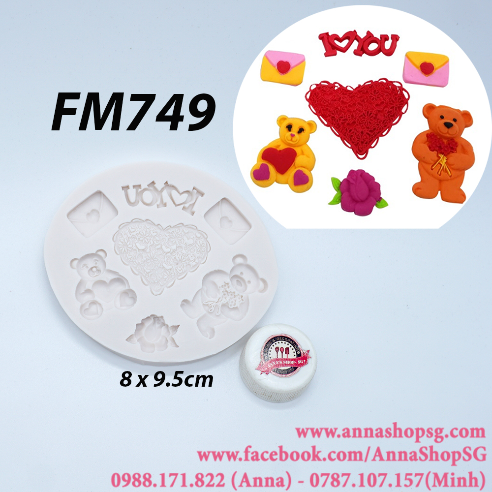 FM749 KHUÔN GẤU ÔM TIM VÀ HOA