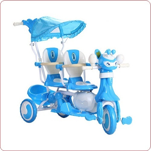 Xe đẩy ba bánh đôi trẻ em 9027 màu xanh.