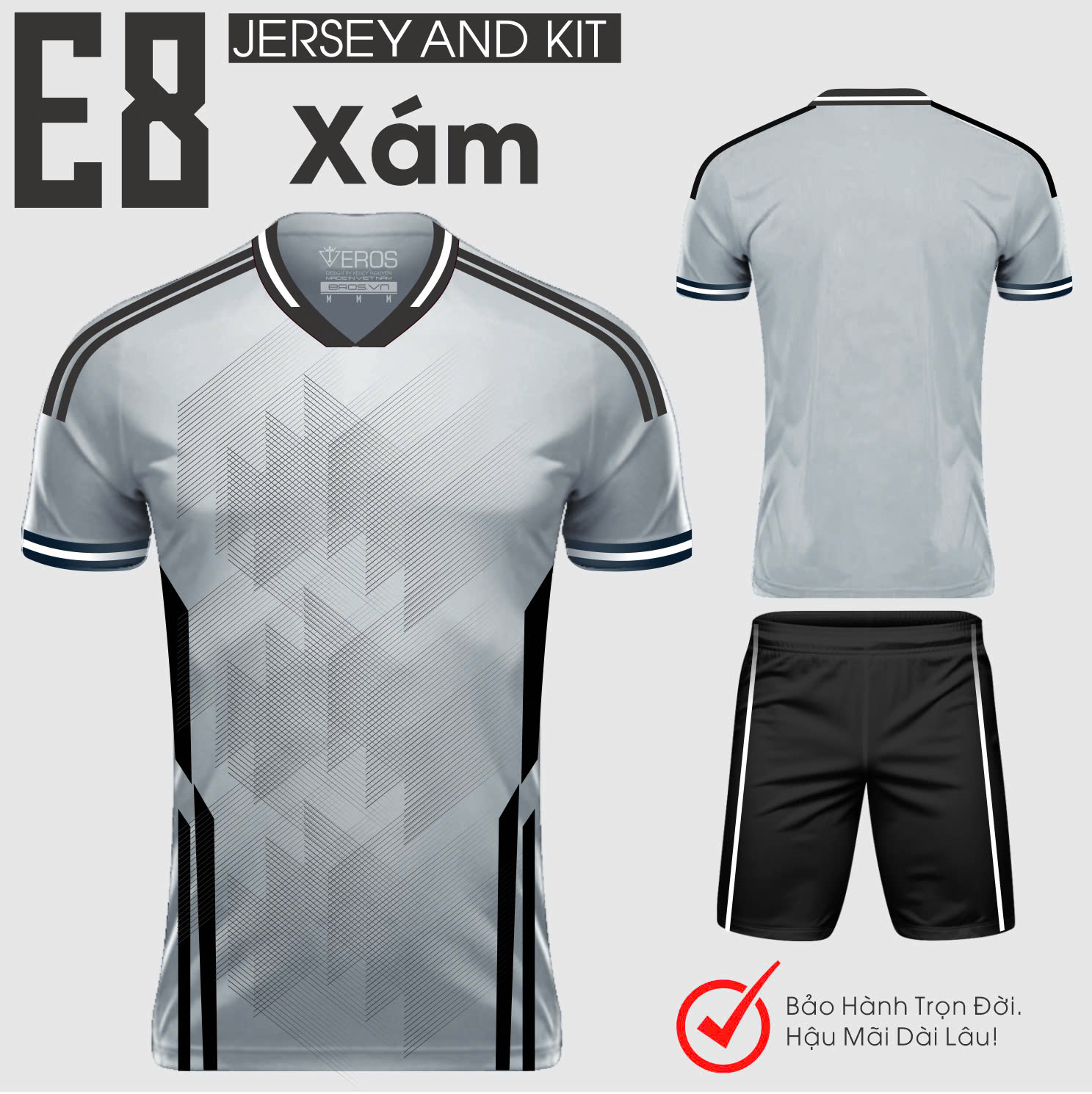 ÁO BÓNG ĐÁ KHÔNG LOGO E8 - XÁM