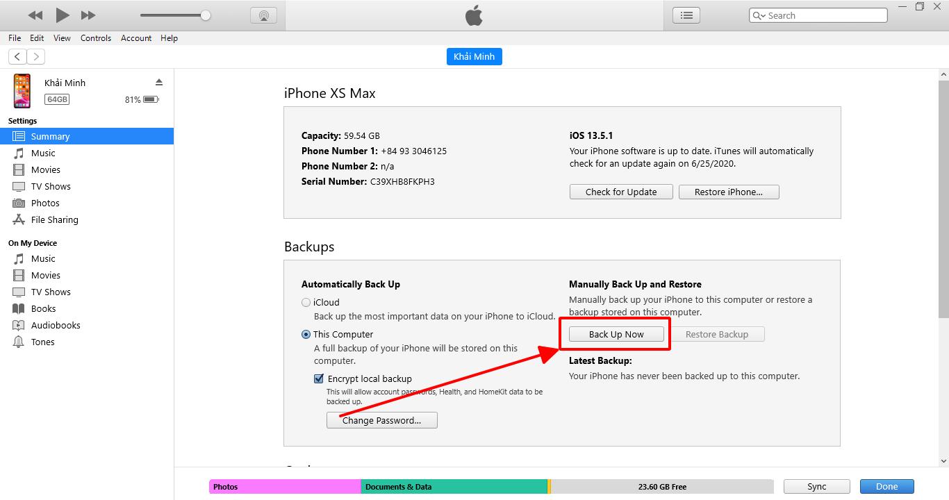 back up trên itunes