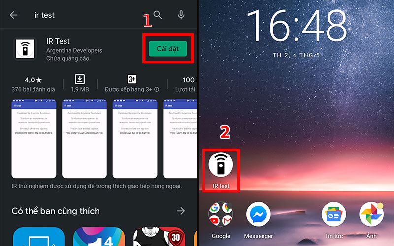 cài đặt ứng dụng ir test