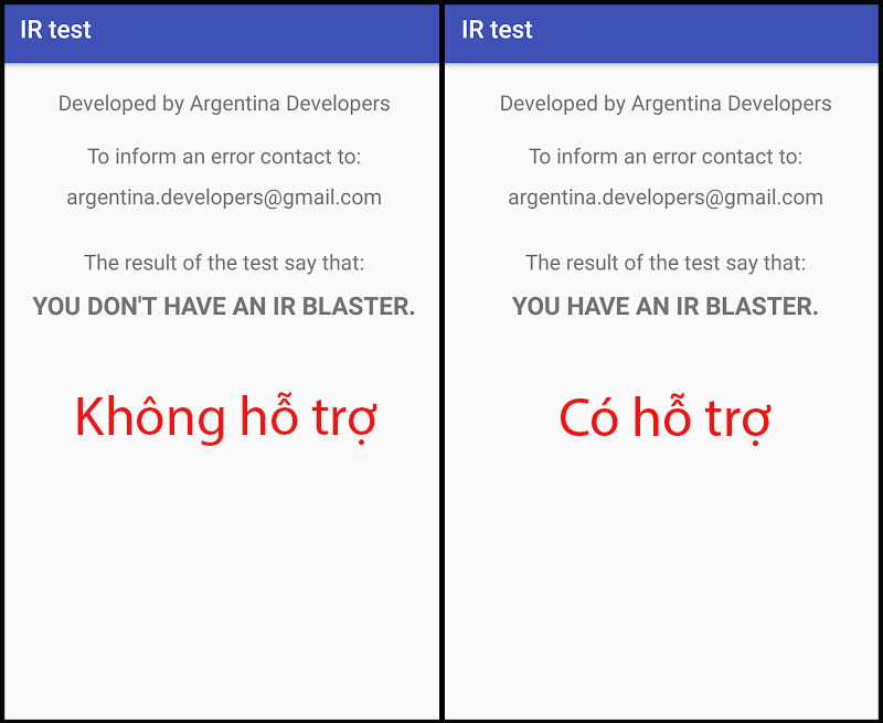 kết quả trên ứng dụng ir test