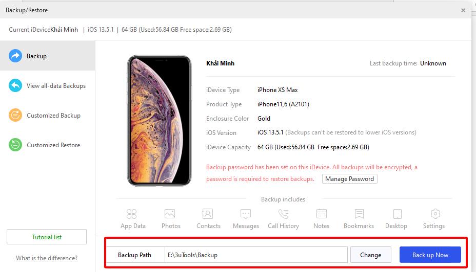 sao lưu trên iphone bằng 3utools