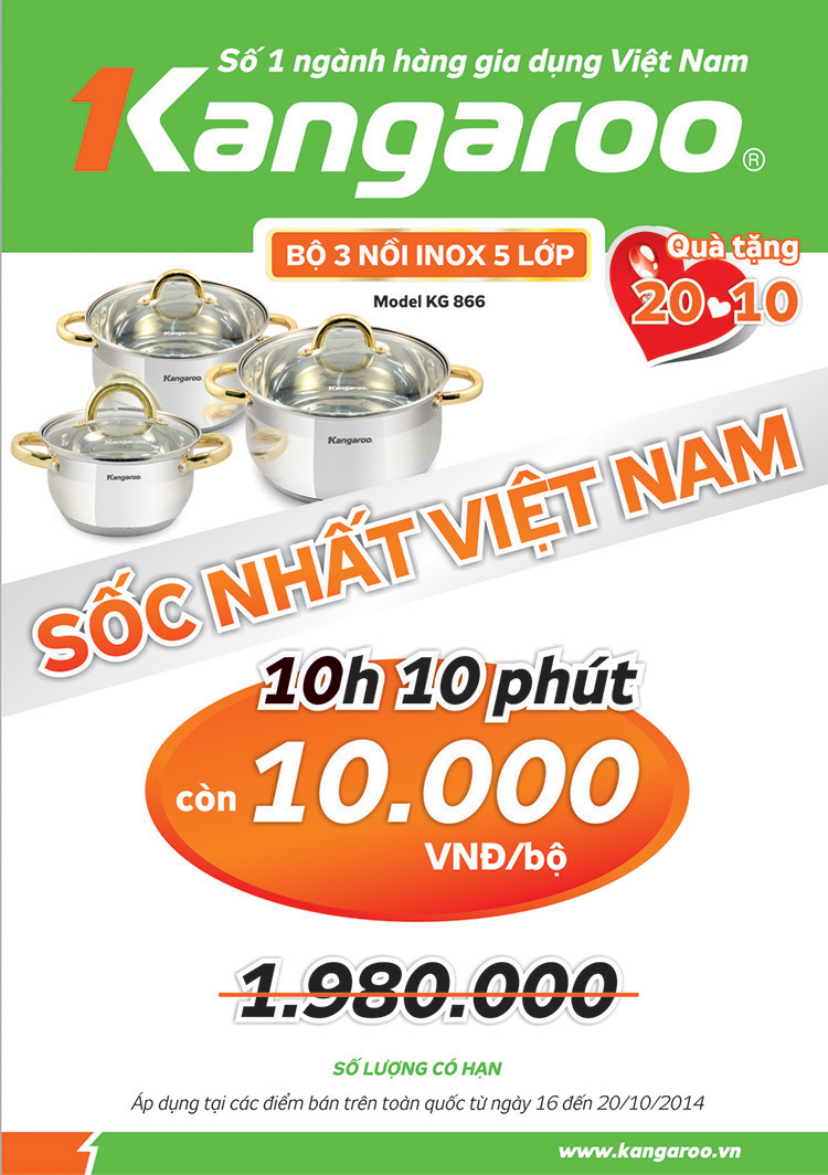 Sốc nhất Việt Nam : sở hữu bộ nồi Inox cao cấp Kangaroo chỉ với 10.000đ