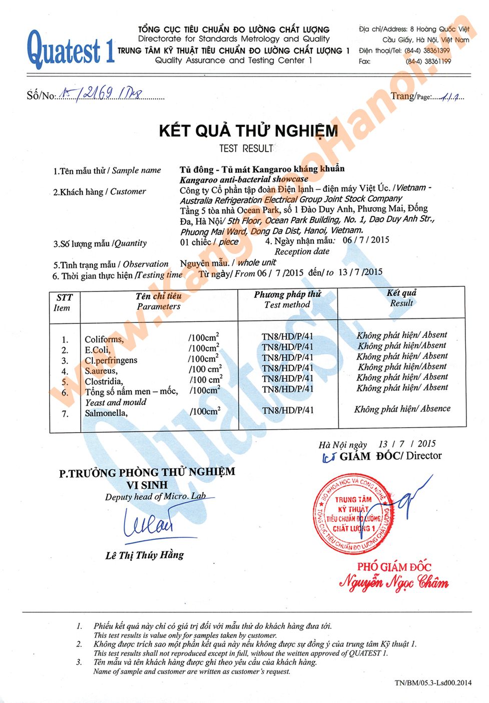 3. Kết quả thử nghiệm Tủ đông tủ mát Kangaroo Kháng khuẩn
