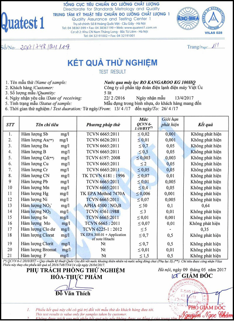 kết quả test nước Máy lọc nước Kangaroo Hydrogen KG100HQ