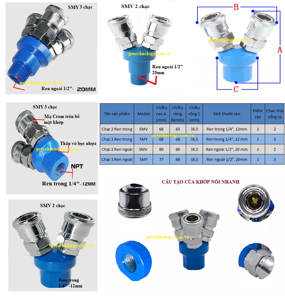 Khớp nối, đầu nối nhanh, chạc chia khí, bộ chia khí SMV SMY