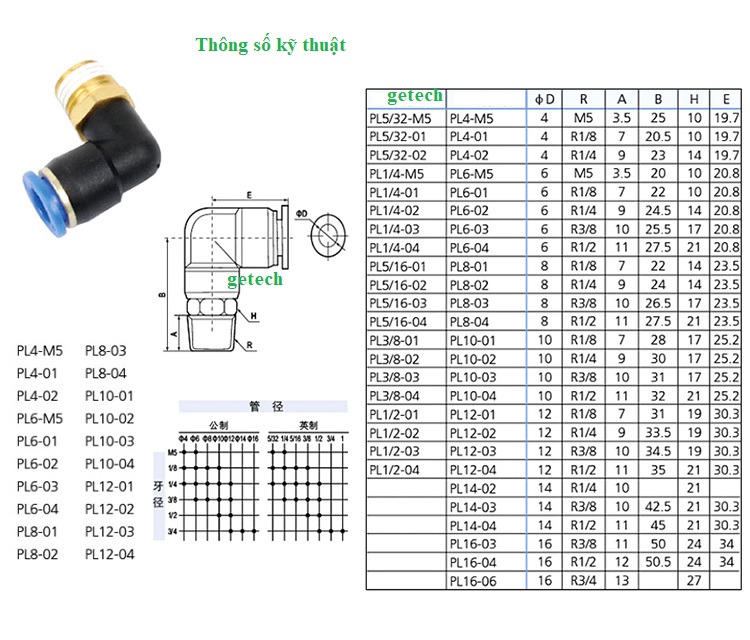 Đầu nối nhanh góc PL, Đầu nốí khí góc PL,Đầu nối góc PL, cút góc PL, đầu nối chữ L