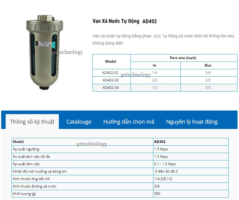Bộ Tách Nước AD402 , Van xả nước  AD402, cốc xả nước tự động AD402, Bộ xả nước tự động AD402 hãng STC