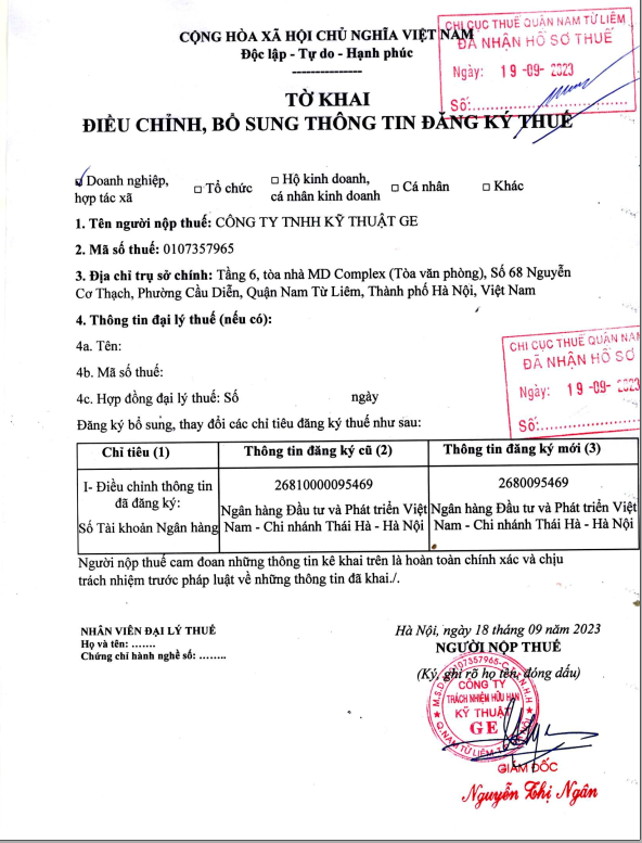 THÔNG BÁO TÀI KHOẢN GIAO DỊCH CÔNG TY TNHH KỸ THUẬT GE - MẪU SỐ 08 NỘP CƠ QUAN THUẾ